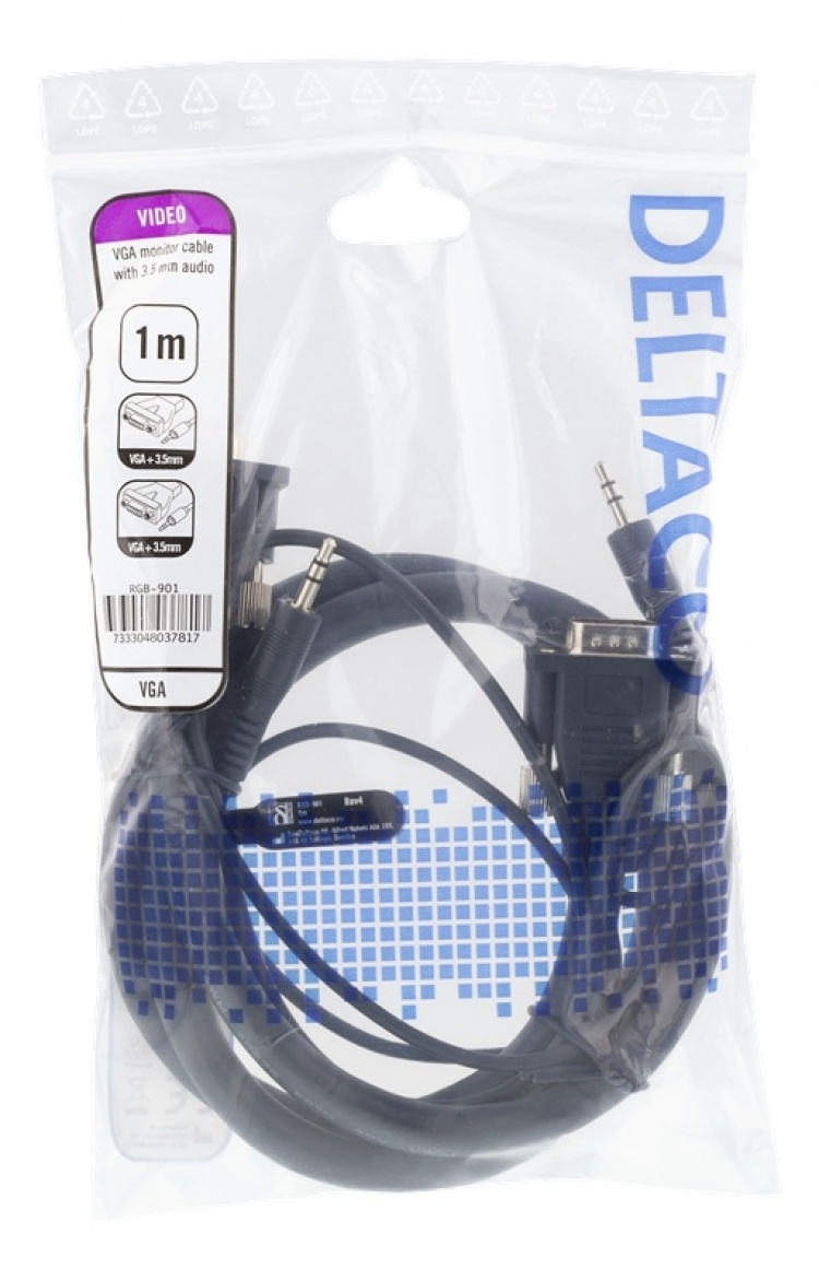 DELTACO monitorkabel HD15ha-ha, 1m, 1920x1200 i 60Hz, med 3,5mm lj
