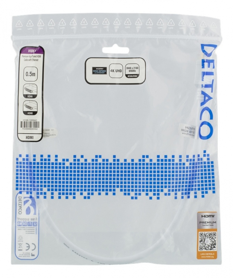 DELTACO High-Speed Premium HDMI-kabel, 0,5m, Ethernet, 4K UHD, vit DELTACO High-Speed Premium HDMI-kabel, 0,5m, Ethernet, 4K UHD, vit