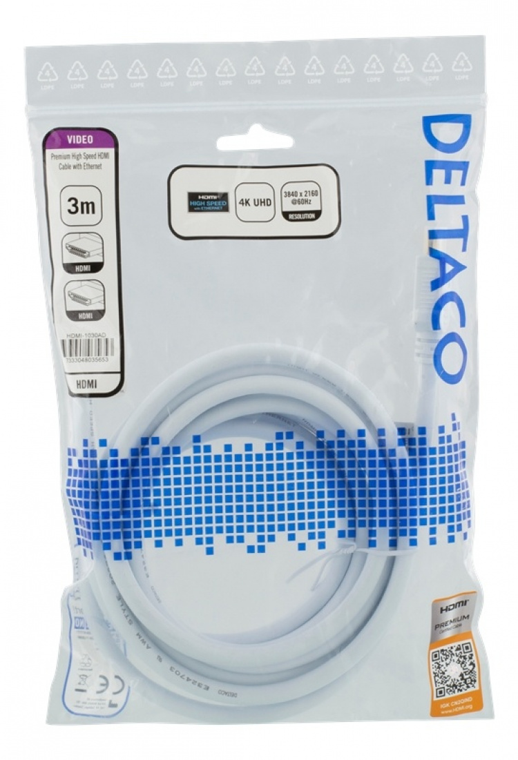 DELTACO High-Speed Premium HDMI-kabel, 3m, Ethernet, 4K UHD, vit DELTACO High-Speed Premium HDMI-kabel, 3m, Ethernet, 4K UHD, vit