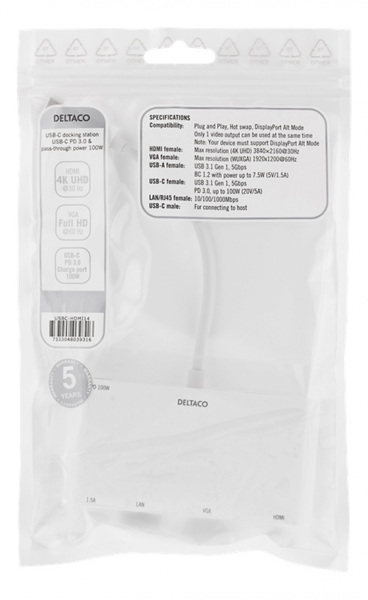 DELTACO USB-C Dockningsstation, 100W USB-C PD, HDMI, 1.5A USB-A, Gigab