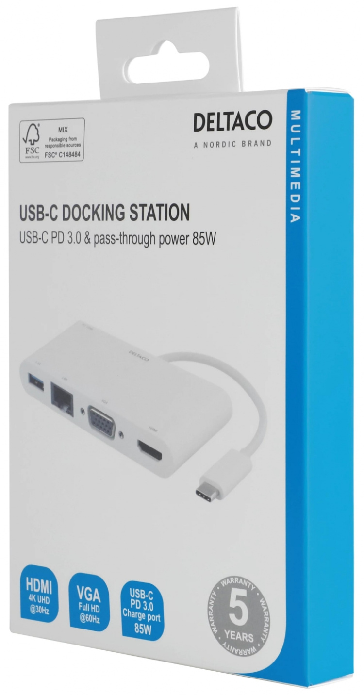 DELTACO USB-C Dockningsstation, 100W USB-C PD, HDMI, 1.5A USB-A, Gigab