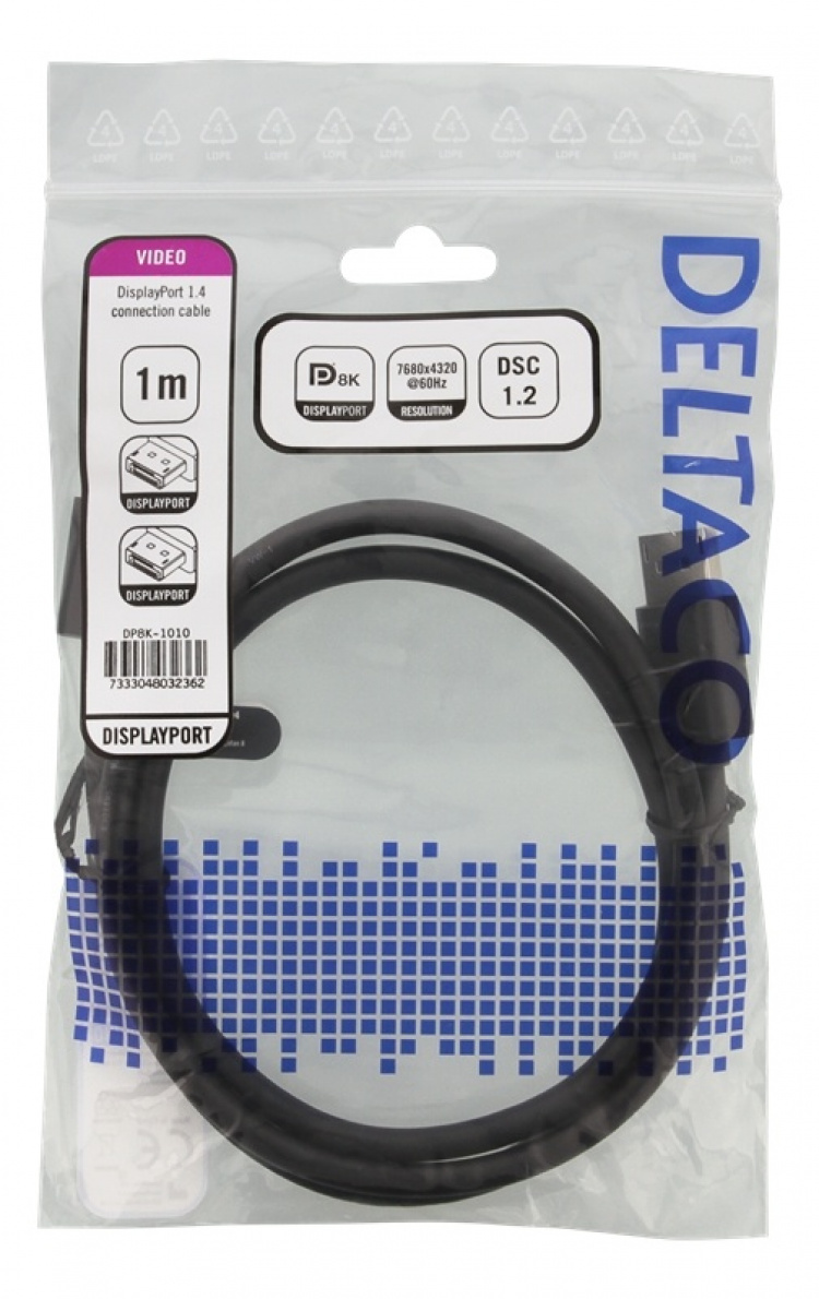 DELTACO DisplayPort kabel, DP 1.4, 7680x4320 i 60Hz, 1m, svart