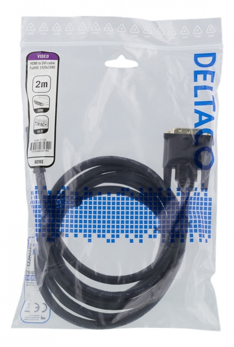 DELTACO HDMI till DVI-kabel, 2m, Full HD, svart