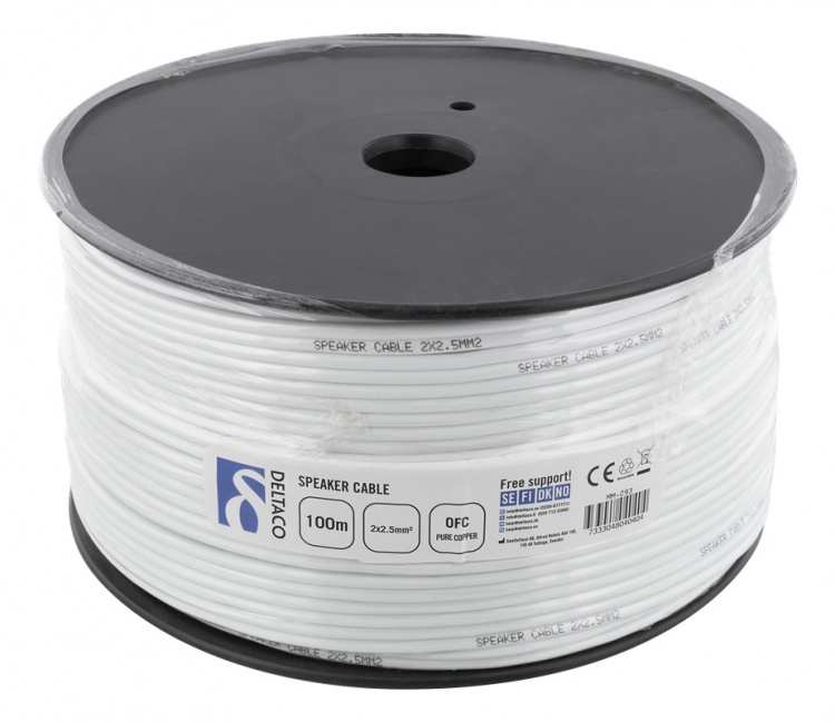 DELTACO högtalarkabel, 2x2,5mm2, okontakterad, ren koppar, 100m