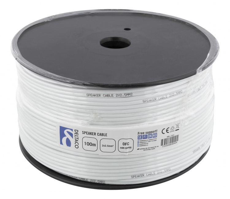 DELTACO högtalarkabel, 2x2,5mm2, okontakterad, ren koppar, 100m