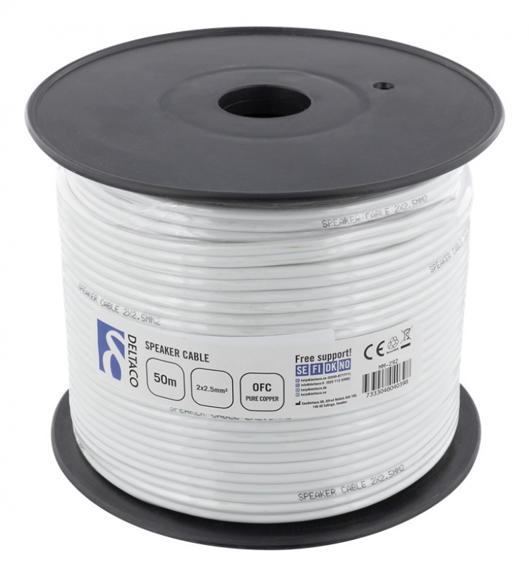 DELTACO högtalarkabel, 2x2,5mm2, okontakterad, ren koppar, 50m, vit