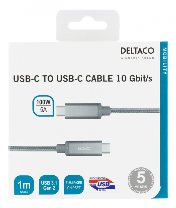DELTACO USB-C SuperSpeed-kabel, 1m, USB 3.1 Gen 2, 10 Gbps, 100W, silv DELTACO USB-C SuperSpeed-kabel, 1m, USB 3.1 Gen 2, 10 Gbps, 100W, silv