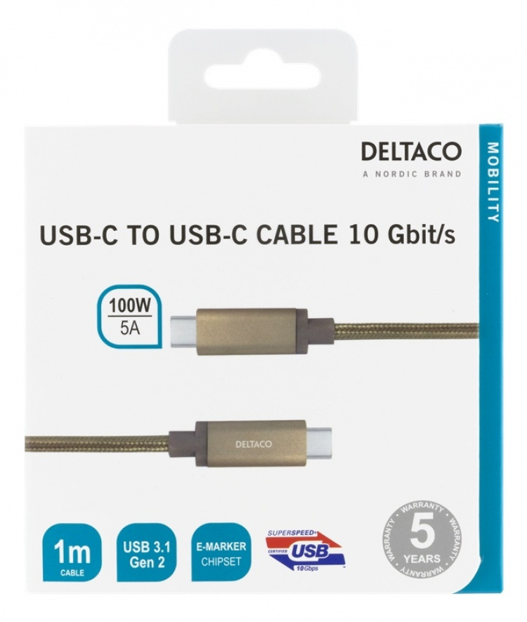 DELTACO USB-C SuperSpeed-kabel, 1m, USB 3.1 Gen 2, 10 Gbps, 100W, guld