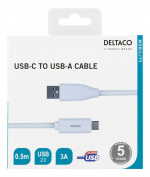 DELTACO USB-C till USB-A kabel, 0,5m, 3A, USB 2.0, vit DELTACO USB-C till USB-A kabel, 0,5m, 3A, USB 2.0, vit