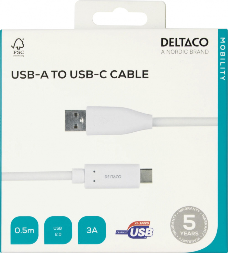 DELTACO USB-C till USB-A kabel, 0,5m, 3A, USB 2.0, vit DELTACO USB-C till USB-A kabel, 0,5m, 3A, USB 2.0, vit