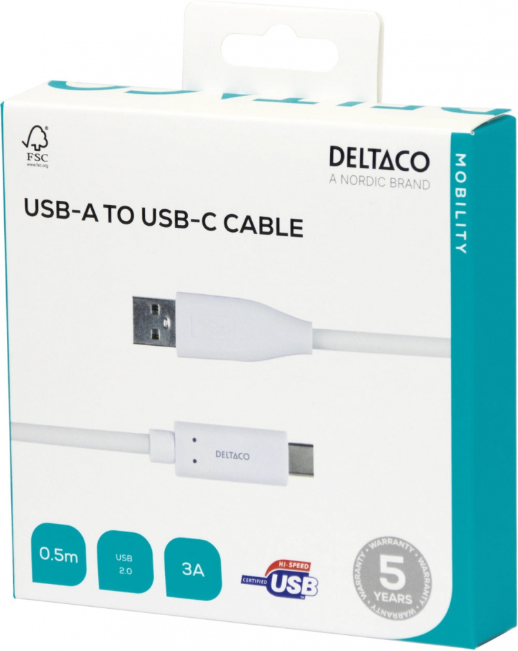 DELTACO USB-C till USB-A kabel, 0,5m, 3A, USB 2.0, vit DELTACO USB-C till USB-A kabel, 0,5m, 3A, USB 2.0, vit