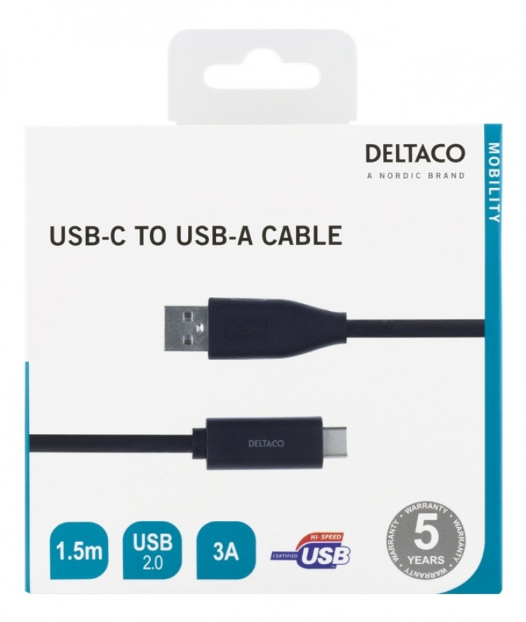 DELTACO USB-C till USB-A kabel, 1,5m, 3A, USB 2.0, svart