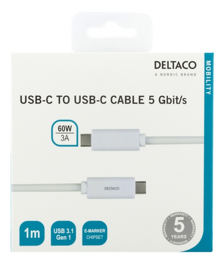 DELTACO USB-C till USB-C-kabel, 1m, 1,5A, USB 3.1 Gen, E-Marker, vit