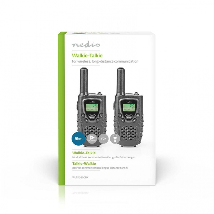Nedis Walkie-talkie Set | 2 handenheter | Upp till 8 km | Frekvens kanaler: 8 | PTT / VOX | Upp till 2,5 timmar | Hörlursuttag | Svart