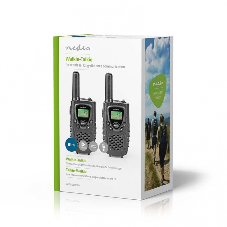 Nedis Walkie-talkie Set | 2 handenheter | Upp till 8 km | Frekvens kanaler: 8 | PTT / VOX | Upp till 2,5 timmar | Hörlursuttag | Svart
