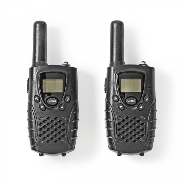 Nedis Walkie-talkie Set | 2 handenheter | Upp till 8 km | Frekvens kanaler: 8 | PTT / VOX | Upp till 2,5 timmar | Hörlursuttag | Svart