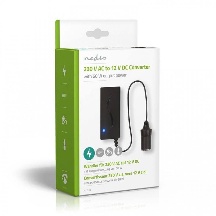 Nedis Ström omvandlare | Strömadapter | 230 V AC 50 Hz | 12 V DC | 60 W | Jordad kontakt | Svart