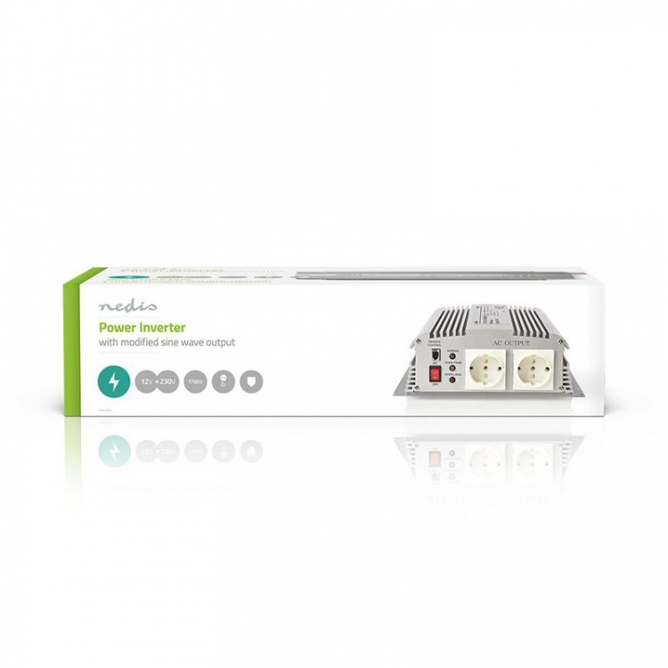 Nedis Växelriktare med modifierad sinusvåg | Inspänning: 12 V DC | Enhetens utgångsanslutning: Type F (CEE 7/3) | 230 V AC 50 Hz | 1700 W | Toppeffekt: 3000 W | Skruv terminal | Silver
