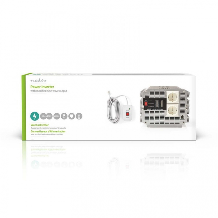 Nedis Växelriktare med modifierad sinusvåg | Inspänning: 12 V DC | Enhetens utgångsanslutning: Type F (CEE 7/3) | 230 V AC 50 Hz | 4000 W | Toppeffekt: 8000 W | Skruv terminal | Silver