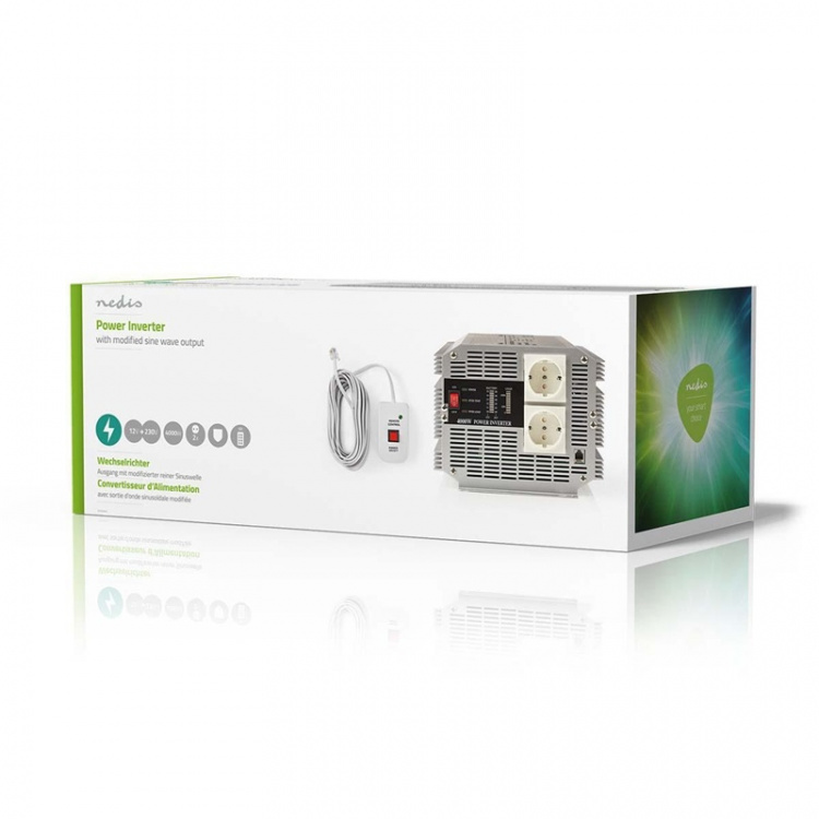 Nedis Växelriktare med modifierad sinusvåg | Inspänning: 12 V DC | Enhetens utgångsanslutning: Type F (CEE 7/3) | 230 V AC 50 Hz | 4000 W | Toppeffekt: 8000 W | Skruv terminal | Silver