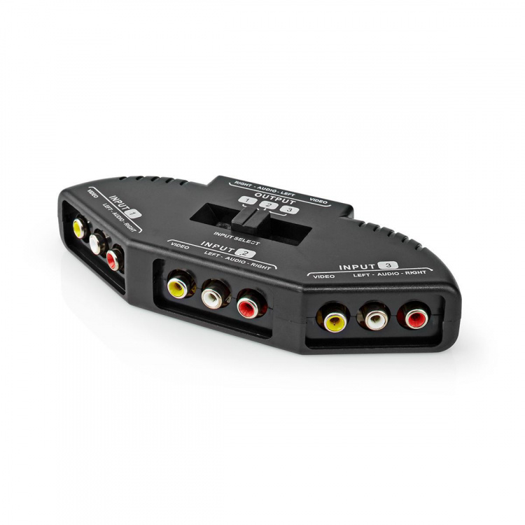 Nedis Composite Video Switch | 3-Port port(s) | Ingång för audio/video/dataanslutningar: 3x Composite Video (RWY) | Audio / video / dataanslutningar utgång: 1x Composite Video (RWY) | 1024x576 | ABS | Svart