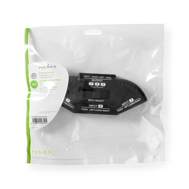 Nedis Composite Video Switch | 3-Port port(s) | Ingång för audio/video/dataanslutningar: 3x Composite Video (RWY) | Audio / video / dataanslutningar utgång: 1x Composite Video (RWY) | 1024x576 | ABS | Svart