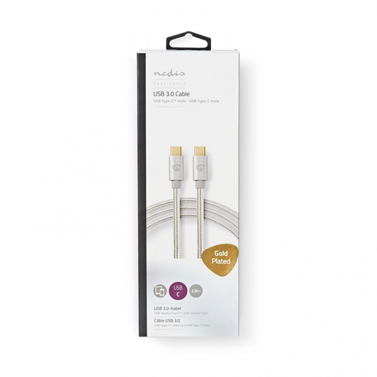 Nedis USB-kabel | USB 3.2 Gen 1 | USB-C™ Hane | USB-C™ Hane | 60 W | 4K@60Hz | 5 Gbps | Guldplaterad | 2.00 m | Rund | Flätad / Nylon | Aluminium | Kartong med täckt fönster