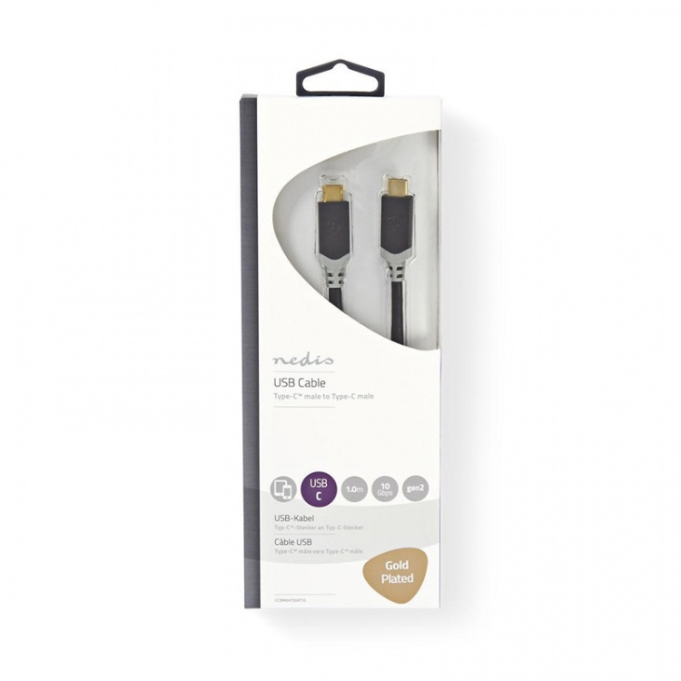 Nedis USB-kabel | USB 3.2 Gen 2 | USB-C™ Hane | USB-C™ Hane | 100 W | 10 Gbps | Guldplaterad | 1.00 m | Rund | PVC | Antracit | Kartong med fönster