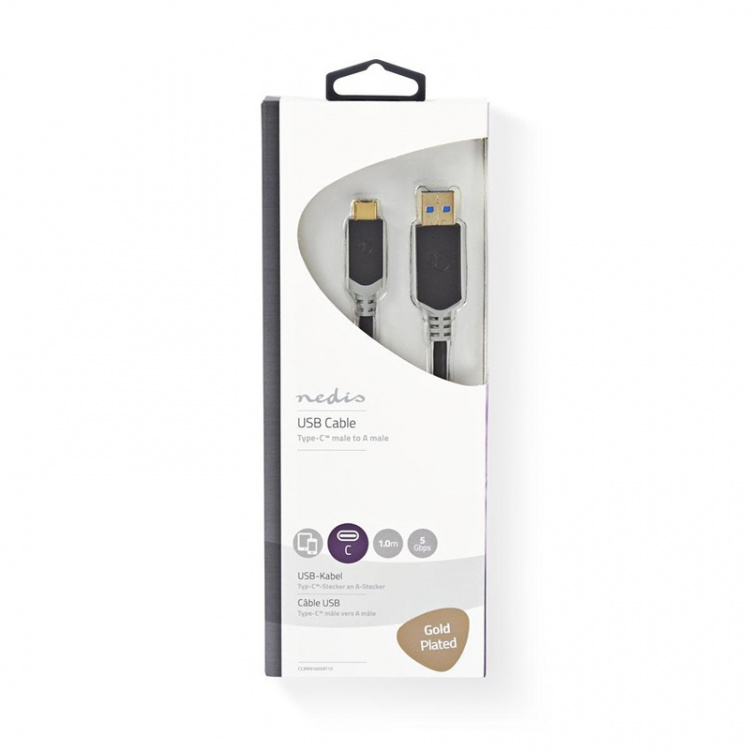 Nedis USB-kabel | USB 3.2 Gen 1 | USB-A Hane | USB-C™ Hane | 60 W | 5 Gbps | Guldplaterad | 1.00 m | Rund | PVC | Antracit | Kartong med fönster Nedis USB-kabel | USB 3.2 Gen 1 | USB-A Hane | USB-C™ Hane | 60 W | 5 Gbps | Guldplaterad | 1.00 m | Rund | PVC | Antracit | Kartong med fönster
