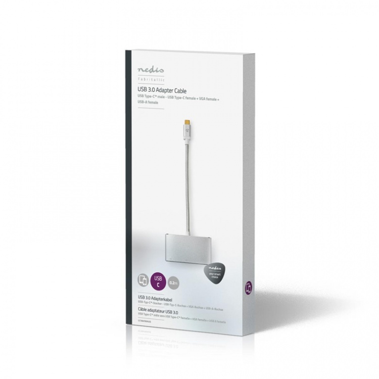 Nedis USB Multi-Port Adapter | 3-i-1 | USB 3.2 Gen 1 | USB-C™ Hane | USB-A Hona / USB-C™ Hona / VGA hona 15p | 5 Gbps | 0.20 m | Rund | Guldplaterad | Flätad / Nylon | Silver | Kartong med täckt fönster Nedis USB Multi-Port Adapter | 3-i-1 | USB 3.2 Gen 1 | USB-C™ Hane | USB-A Hona / USB-C™ Hona / VGA hona 15p | 5 Gbps | 0.20 m | Rund | Guldplaterad | Flätad / Nylon | Silver | Kartong med täckt fönster