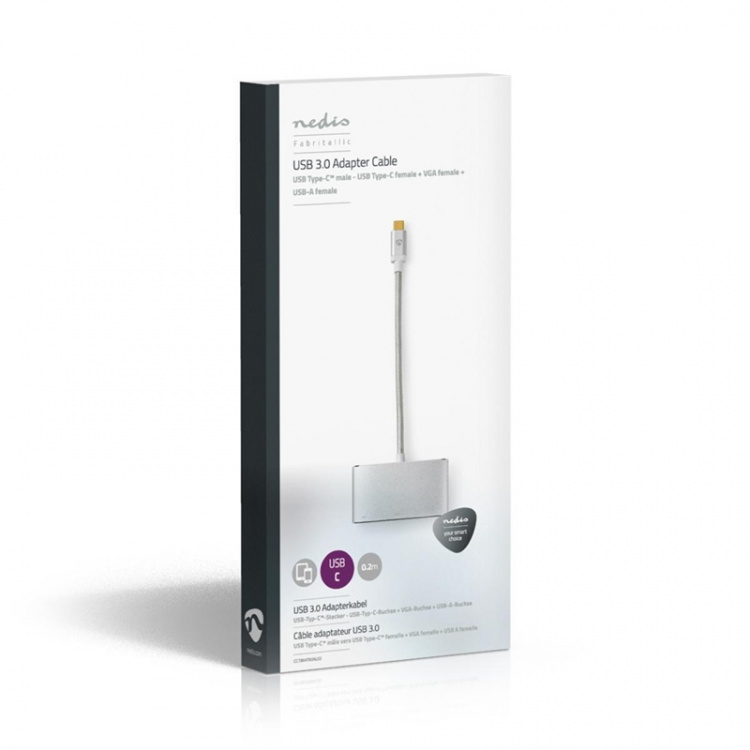 Nedis USB Multi-Port Adapter | 3-i-1 | USB 3.2 Gen 1 | USB-C™ Hane | USB-A Hona / USB-C™ Hona / VGA hona 15p | 5 Gbps | 0.20 m | Rund | Guldplaterad | Flätad / Nylon | Silver | Kartong med täckt fönster Nedis USB Multi-Port Adapter | 3-i-1 | USB 3.2 Gen 1 | USB-C™ Hane | USB-A Hona / USB-C™ Hona / VGA hona 15p | 5 Gbps | 0.20 m | Rund | Guldplaterad | Flätad / Nylon | Silver | Kartong med täckt fönster