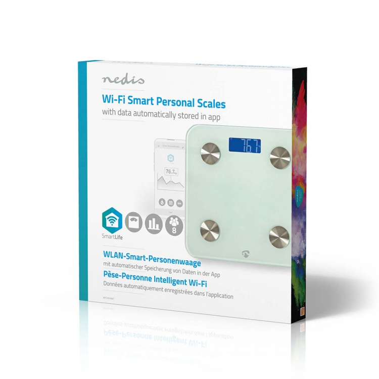 Nedis SmartLife Hälso Vågar | Wi-Fi | Ben / BMR / Fett / Muskler / Vatten / Vikt | 8 | Max last: 180 kg | Android™ / IOS | Glas | Vit