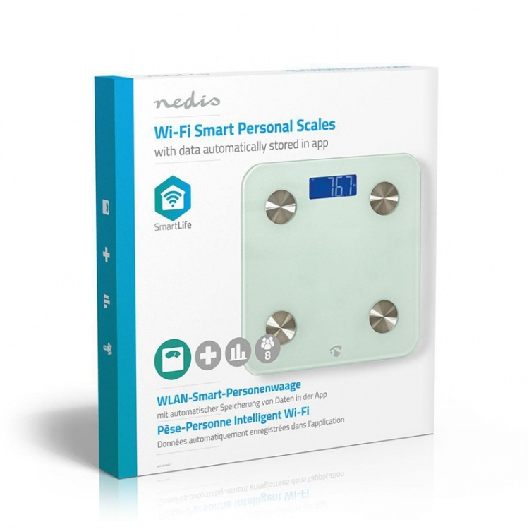 Nedis SmartLife Hälso Vågar | Wi-Fi | Ben / BMR / Fett / Muskler / Vatten / Vikt | 8 | Max last: 180 kg | Android™ / IOS | Glas | Vit