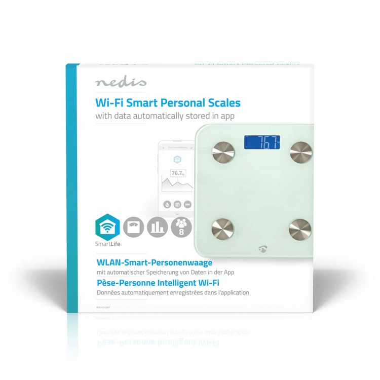 Nedis SmartLife Hälso Vågar | Wi-Fi | Ben / BMR / Fett / Muskler / Vatten / Vikt | 8 | Max last: 180 kg | Android™ / IOS | Glas | Vit