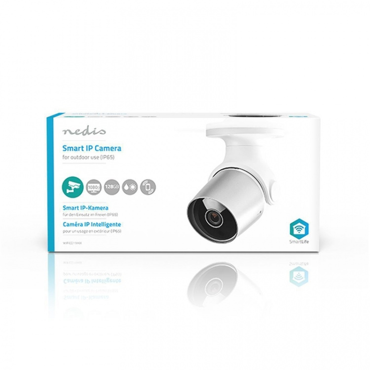 Nedis SmartLife Utomhus Kamera | Full HD 1080p | IP65 | microSD (ingår inte) / Molnlagring (tillval) | 12 V DC | Med rörelsesensor | Nattsikt | Silver / Vit