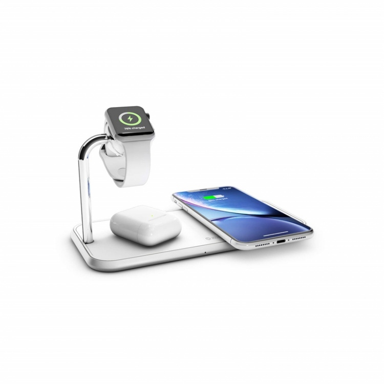 Zens Triple Alu. Laddare Qi Trådlös 220V-Sladd 2X10W Vit Med Apple Watch Laddare