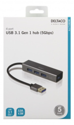 DELTACO USB Mini Hubb med fyra USB-A portar, USB 3.1 Gen 1, rymdgrå