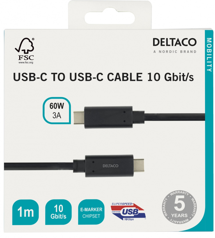 DELTACO USBC 3.1 GEN2 10Gbps/3A/E-marker 1m DELTACO USBC 3.1 GEN2 10Gbps/3A/E-marker 1m