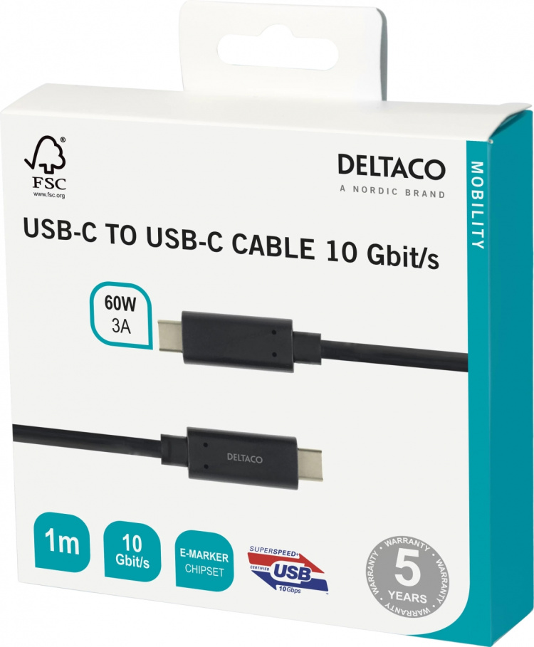 DELTACO USBC 3.1 GEN2 10Gbps/3A/E-marker 1m DELTACO USBC 3.1 GEN2 10Gbps/3A/E-marker 1m