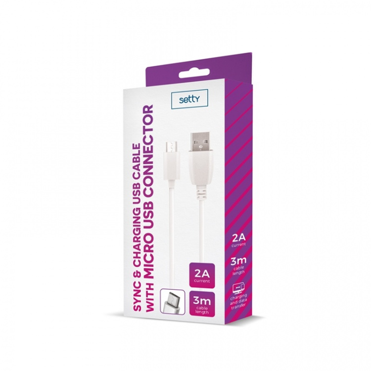 Setty USB-kabel med micro-USB, 3 m, 2A, Vit