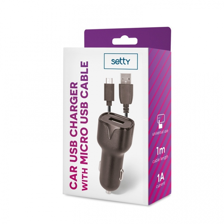 Setty Billaddare USB-uttag med micro-USB kabel 1 m, 1A, Svart