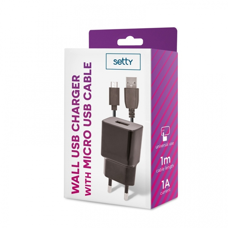 Setty USB Väggladdare 1A, micro-USB kabel 1m, Svart