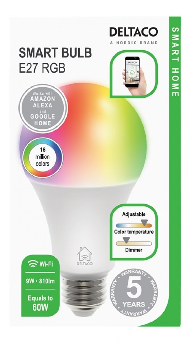 DELTACO SMART HOME RGB LED-lampa, E27, WiFI, 9W, 16milj färger, vit