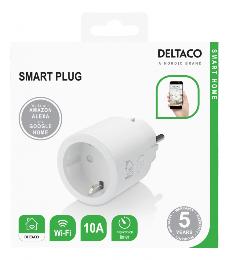 DELTACO SMART HOME strömbrytare, WiFi, 1xCEE 7/3, 10A, timer, vit