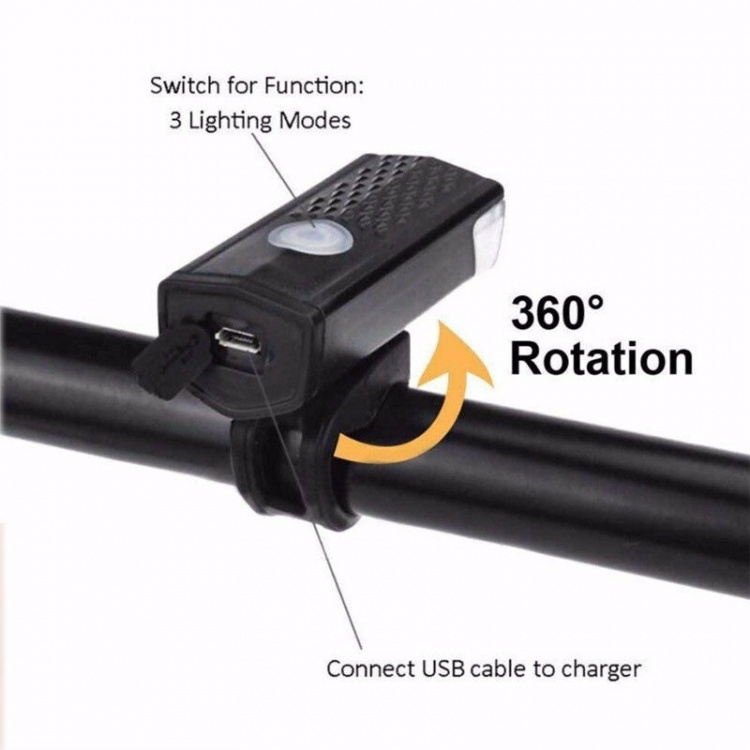 Uppladdningsbar cykellampa, 300lm, inkl. fäste & laddningskabel Uppladdningsbar cykellampa, 300lm, inkl. fäste & laddningskabel