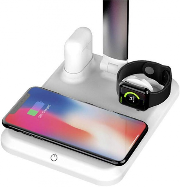 Bordslampa med trådlös Qi-laddning, 4-i-1, Vit Bordslampa med trådlös Qi-laddning, 4-i-1, Vit