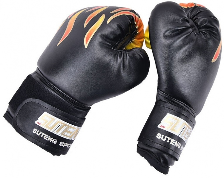 Boxningshandskar, svarta med eldsflammor, 5-14 år