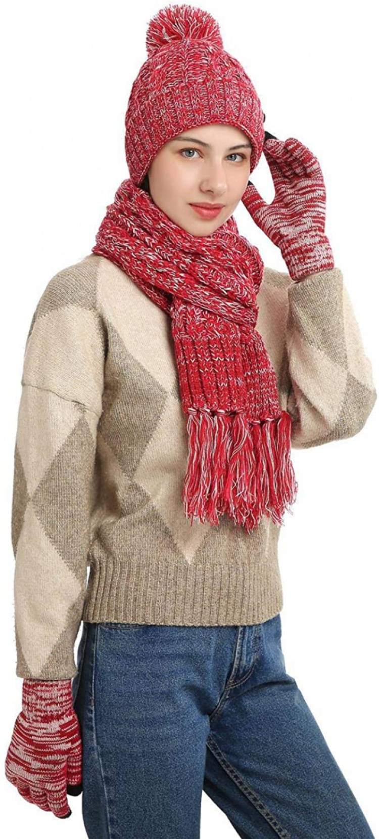 Stickat set med mössa, halsduk och touchscreen vantar, Röd