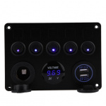 Switchpanel för bil, båt, husvagn + voltmätare, USB och eluttag 12-24V