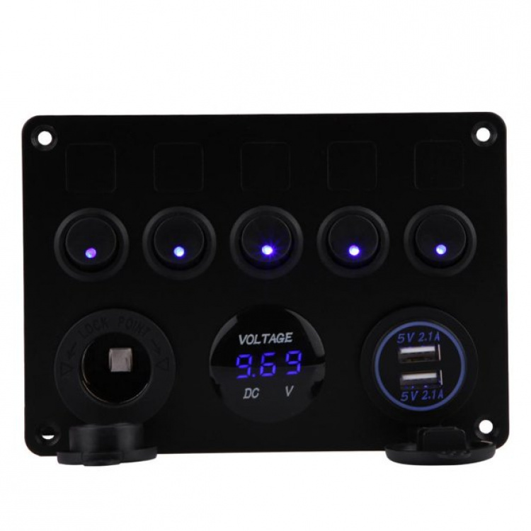 Switchpanel för bil, båt, husvagn + voltmätare, USB och eluttag 12-24V